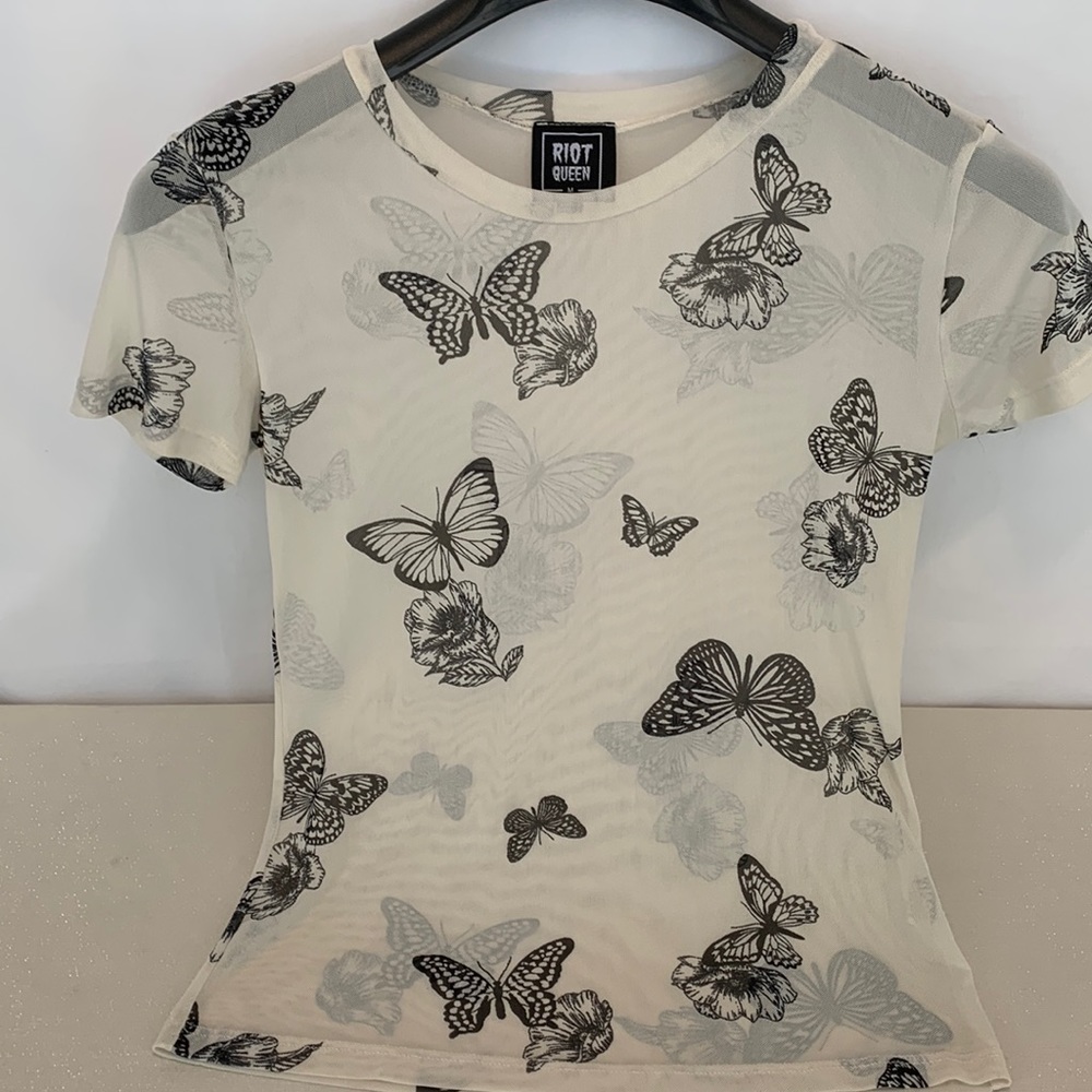 Riot Queen Sheer Black Butterfly and Cream Blouse Size M